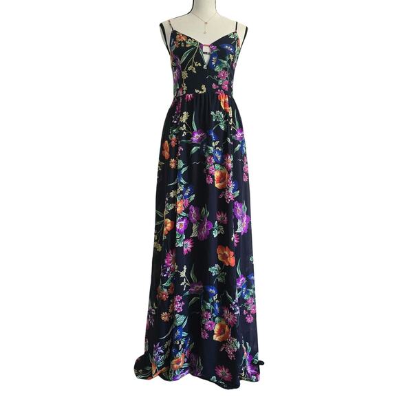 Express Women's Maxi Dreass Black Floral Strapy NWT Chiffon Resort Vacation Sz S - Picture 1 of 10